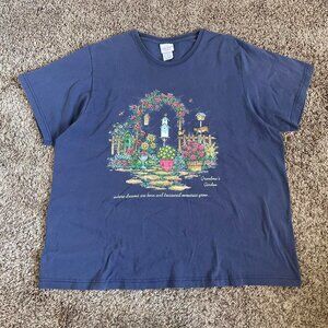 Vintage Grandma’s Garden Art T-Shirt Blue XXL Plants Animals Retro Y2K Tee